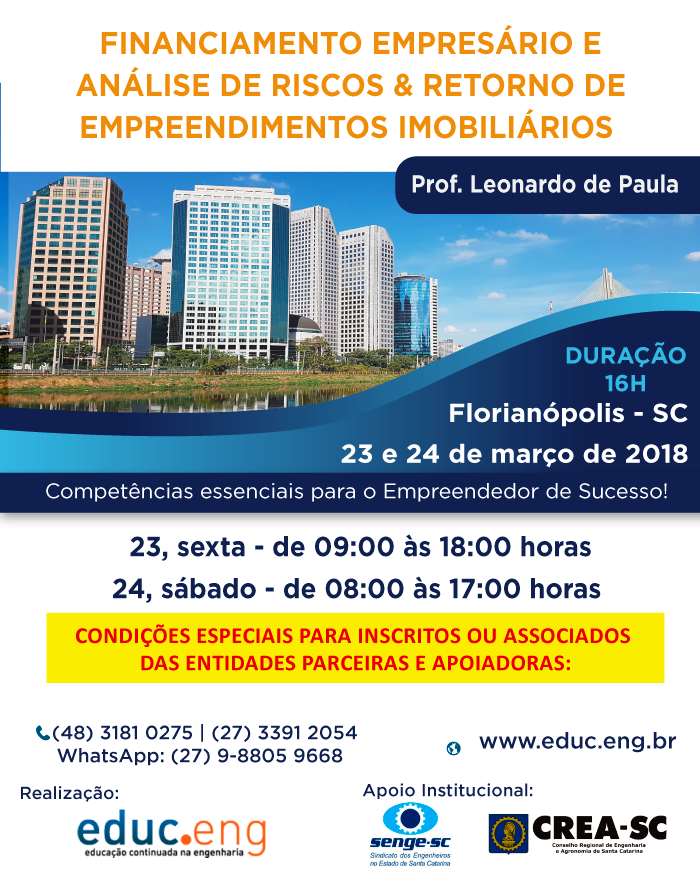 CURSO FINANCIAMENTO EMPRESÁRIO E ANÁLISE DE RISCOS & RETORNO DE EMPREENDIMENTOS IMOBILIÁRIOS