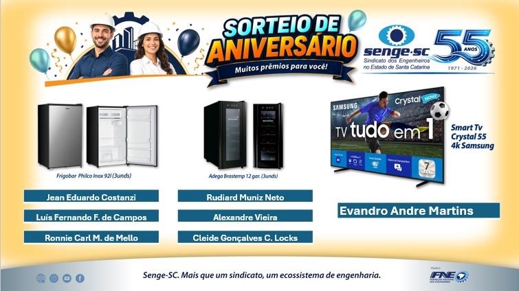 Sorteio especial homenageia associados durante as comemorações dos 55 anos do Senge-SC